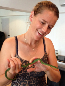 Susan with one of Lantau's residents: a harmless green snake (often mistaken for the venomous green bamboo snake aka green pit viper)